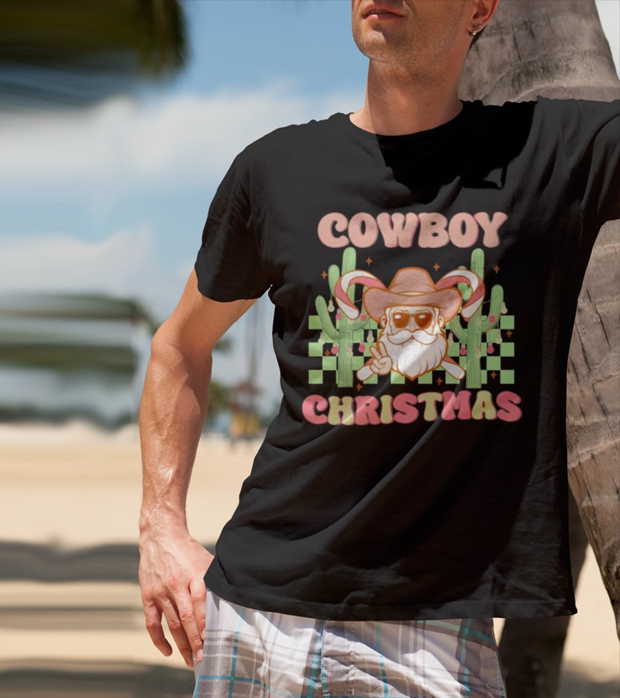 Cowboy Christmas Santa With Candy Cane And Cactus T-Shirt