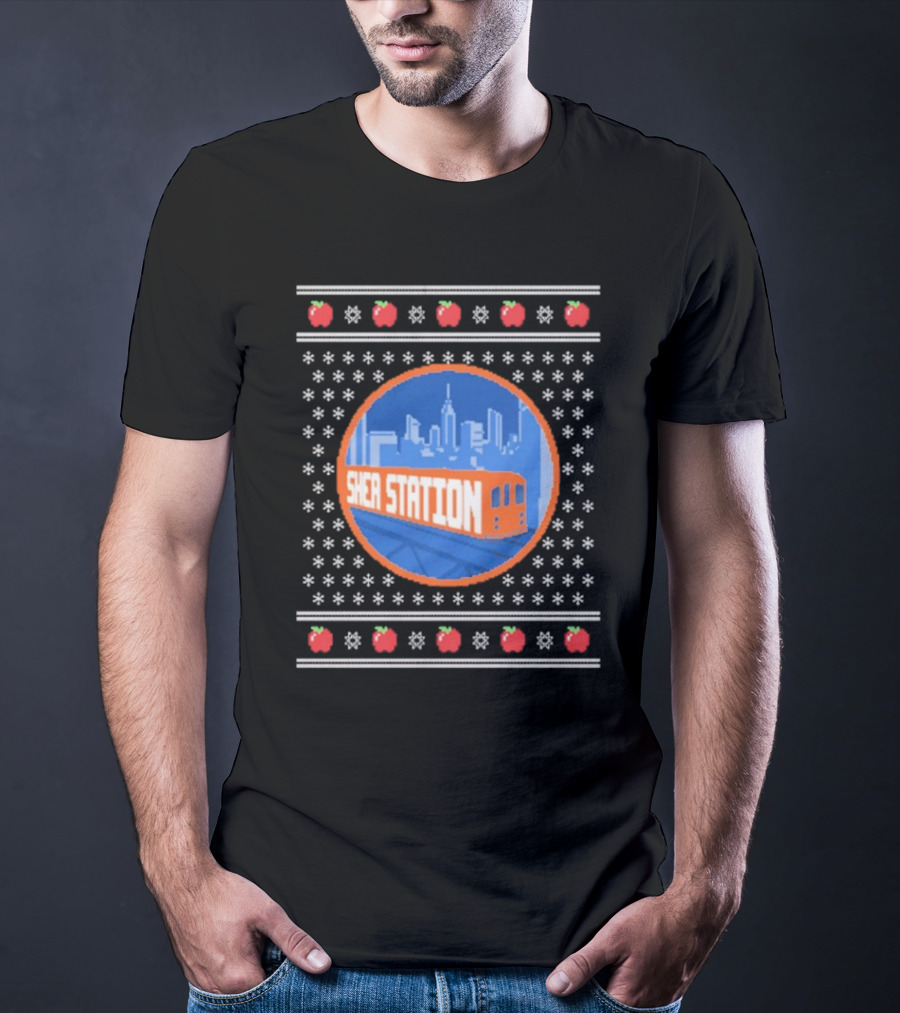 Shea Station New York Skyline Subway Snowflakes Apples T-Shirt