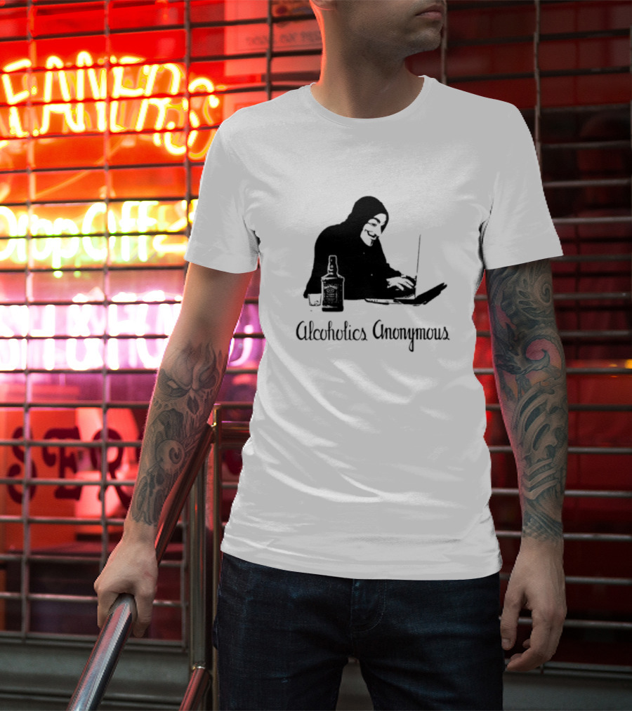 Alcoholics Anonymous Man With Bottle At Laptop T-Shirt