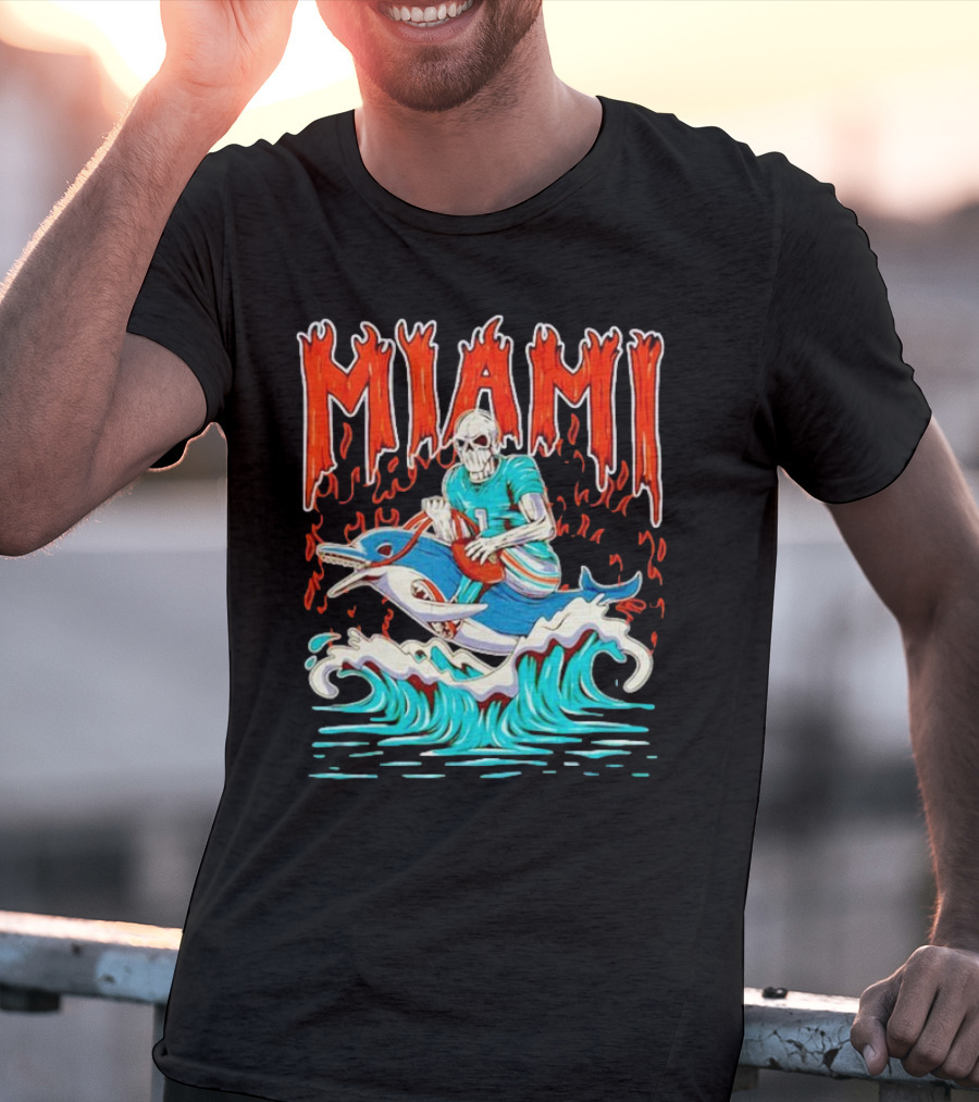 MIAMI Skeleton Riding Dolphin With Football And Flames T-Shirt