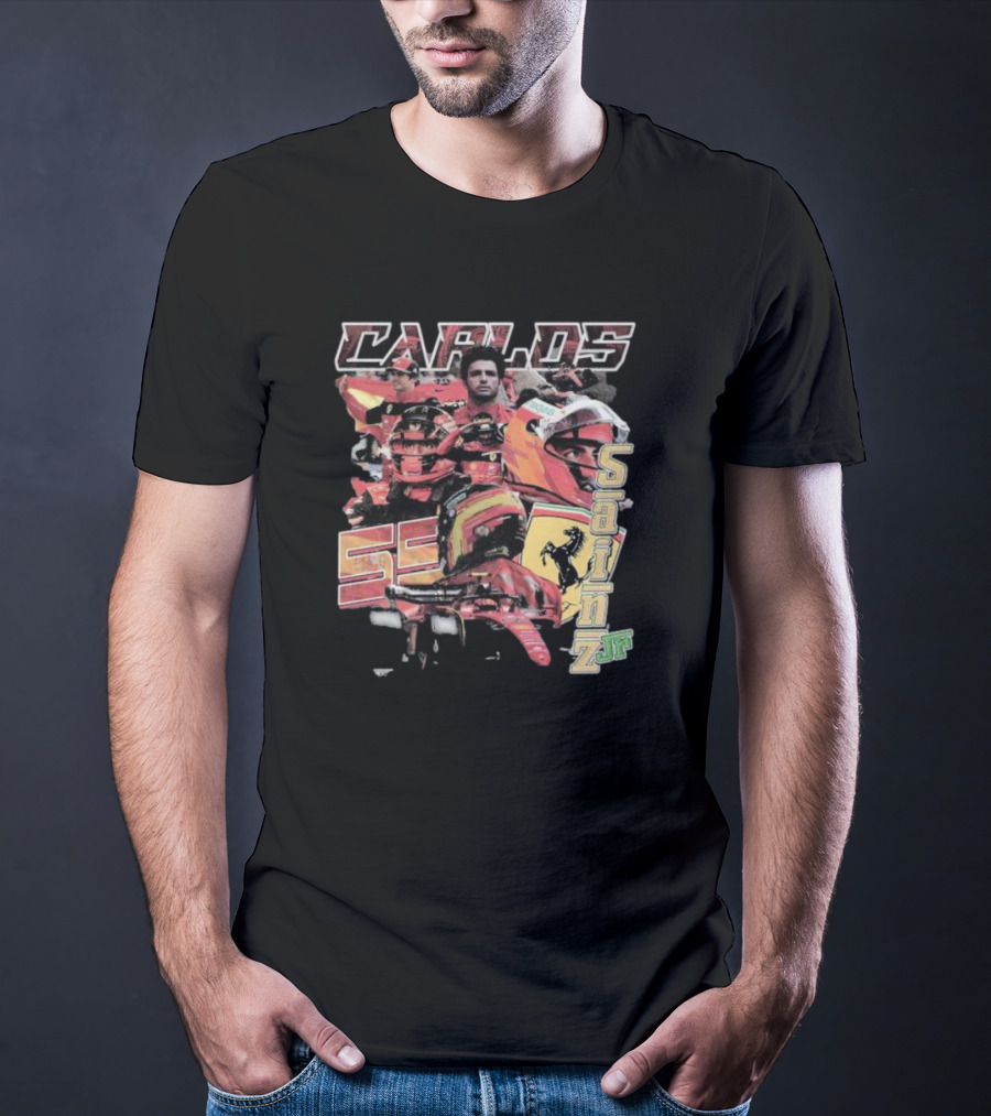 Carlos Sainz Jr Ferrari Racing Inspired Collage With Car Number 55 T-Shirt