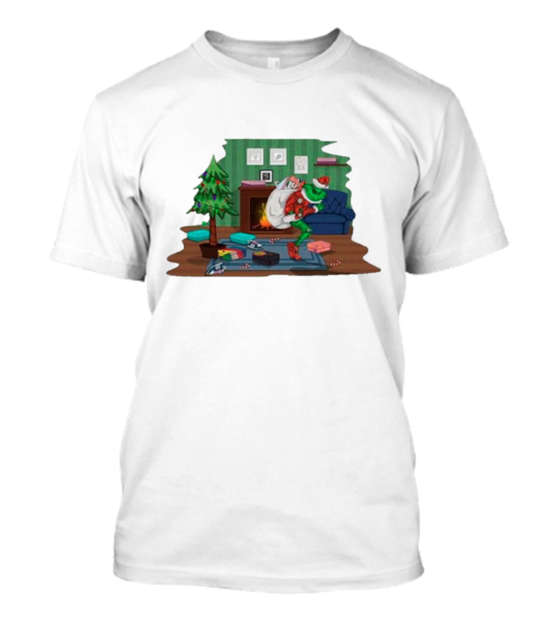 Grinch In Santa Outfit Stealing Presents By The Christmas Tree T-Shirt