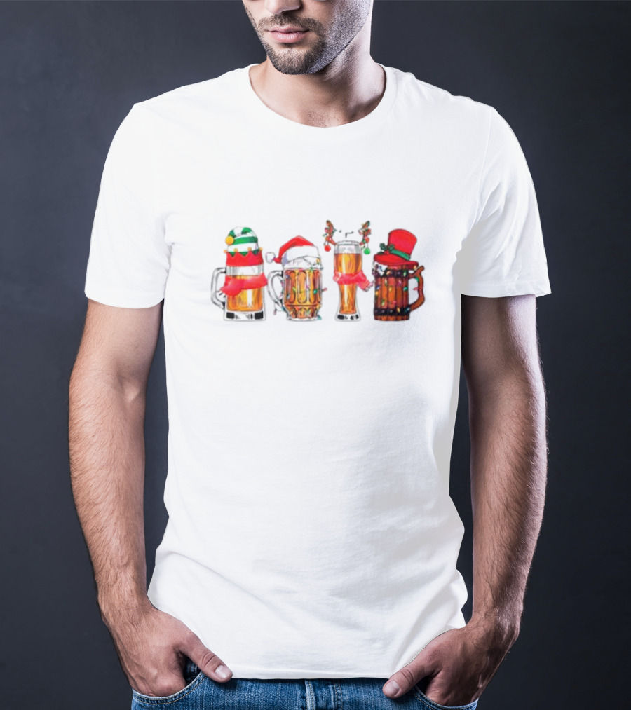 Christmas Beer Mugs Santa Hat And Holiday Decorations T-Shirt