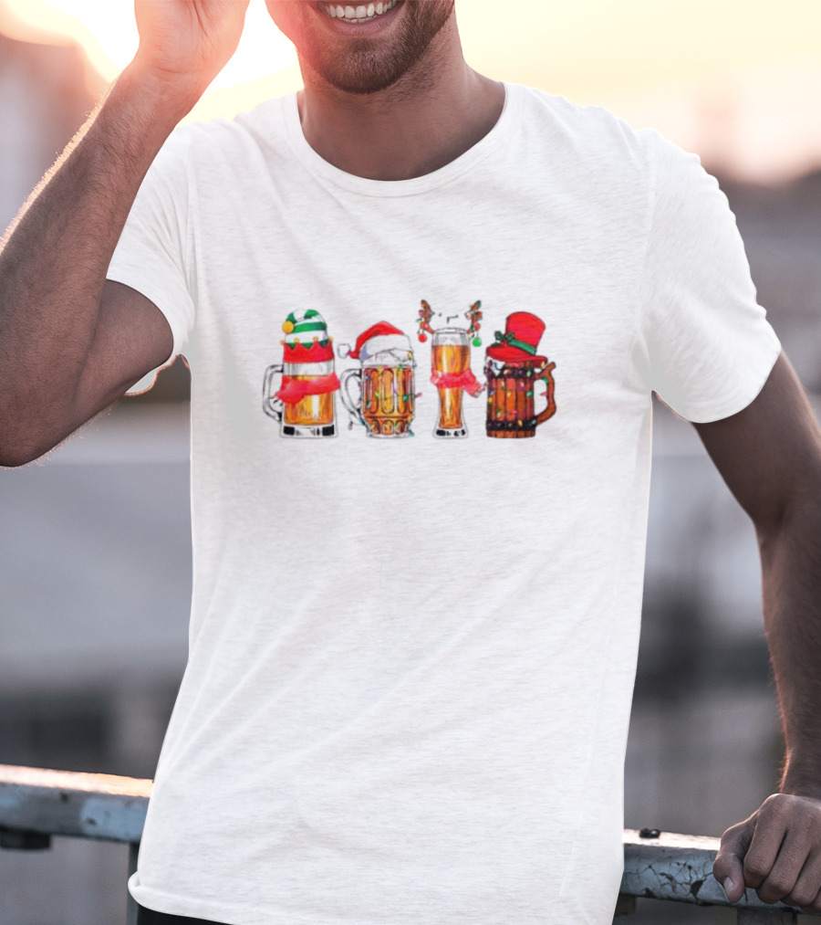 Christmas Beer Mugs Santa Hat And Holiday Decorations T-Shirt