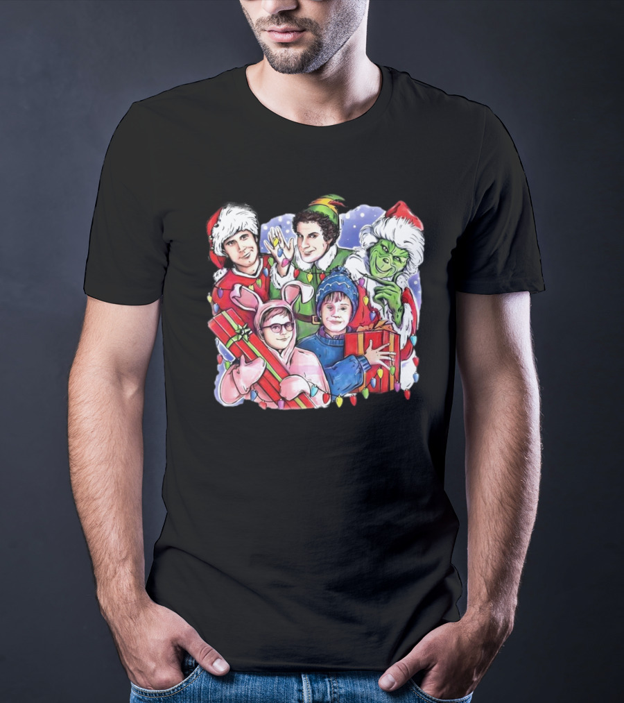 Christmas Friends Movie Character Santa Elf Grinch Pink Bunny T-Shirt