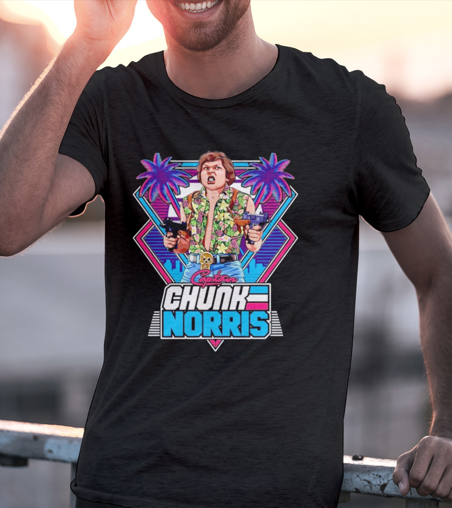 Captain Chunk Norris Retro Miami Vice Styled Character With Dual Pistols And Neon Palm Trees T-Shirt