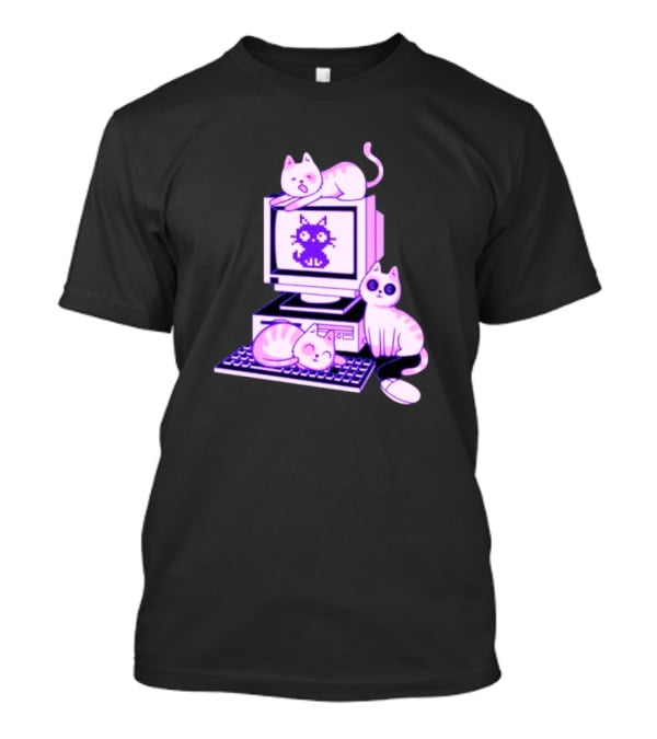 Cats Over Retro Computer With Pixel Art Cat On Screen T-Shirt