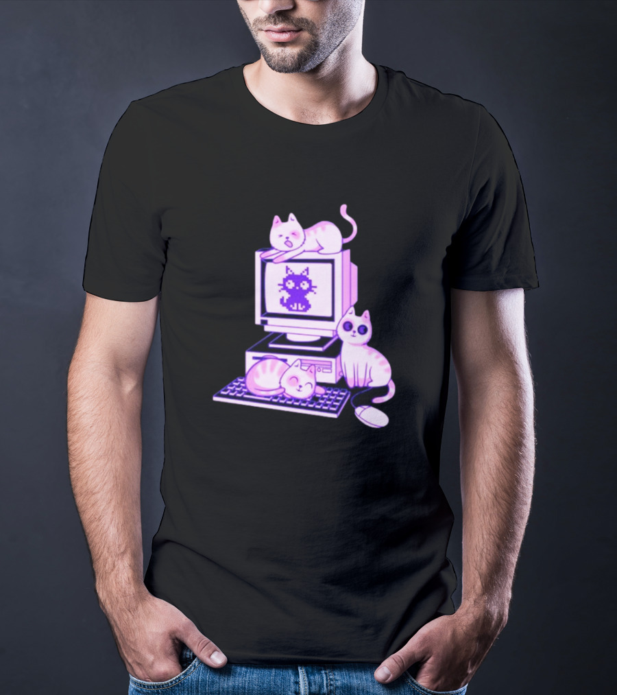Cats Over Retro Computer With Pixel Art Cat On Screen T-Shirt