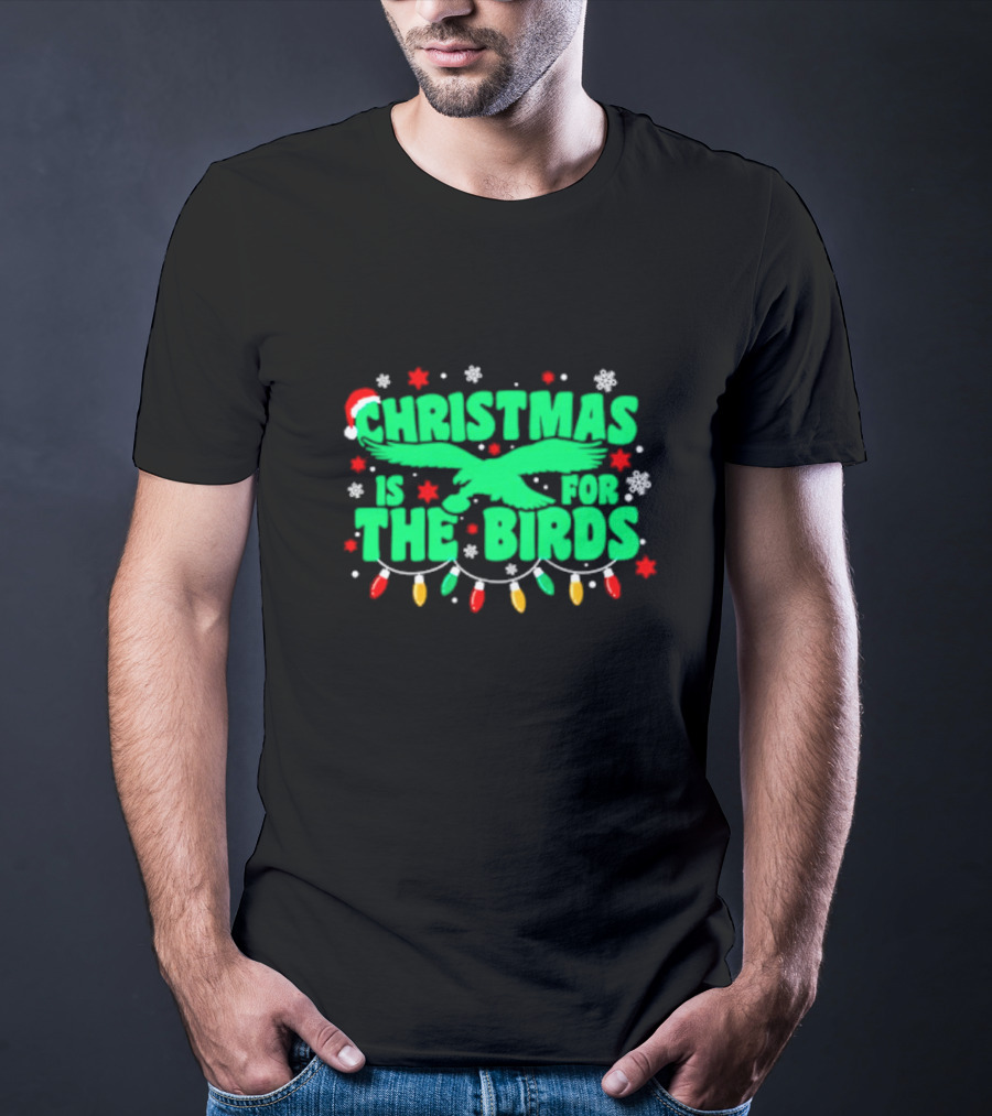 Christmas Is For The Birds Festive Holiday Lights Snowflakes Santa Hat T-Shirt