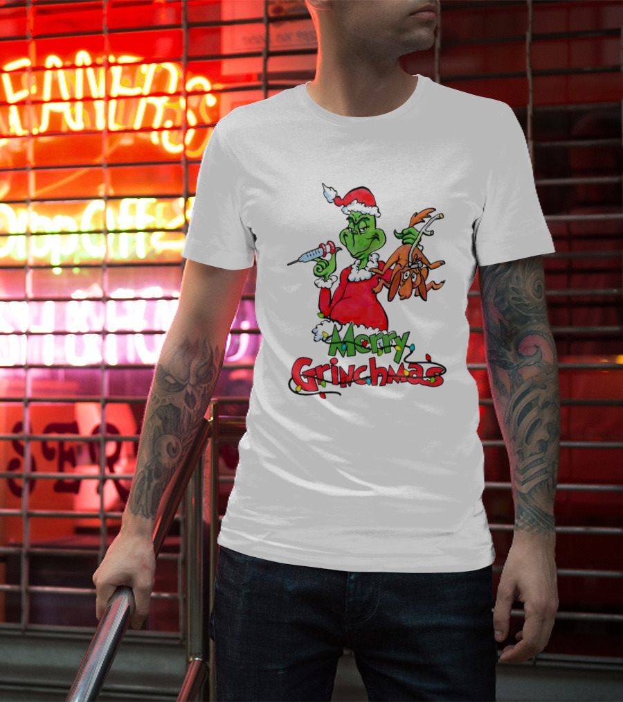Merry Grinchmas Nurse Christmas Grinch With Syringe And Reindeer Dog T-Shirt