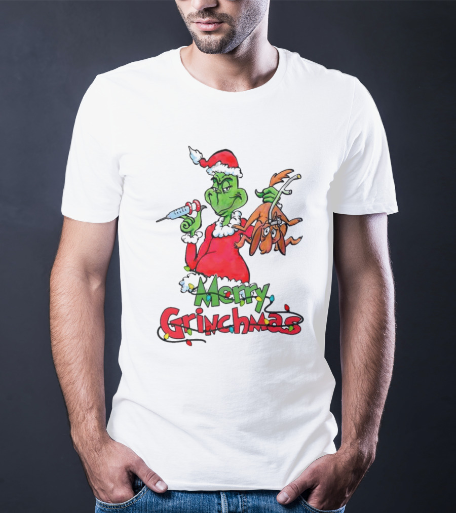 Merry Grinchmas Nurse Christmas Grinch With Syringe And Reindeer Dog T-Shirt