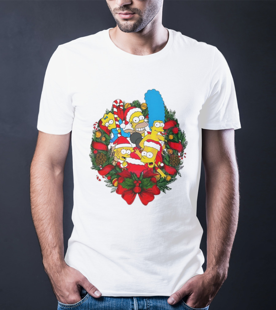 The Simpsons Holiday Wreath With Santa Hats And Candy Canes T-Shirt