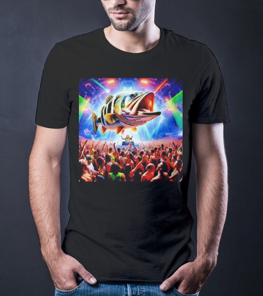 When The Bass Drops With Giant Fish Over Rave Crowd T-Shirt