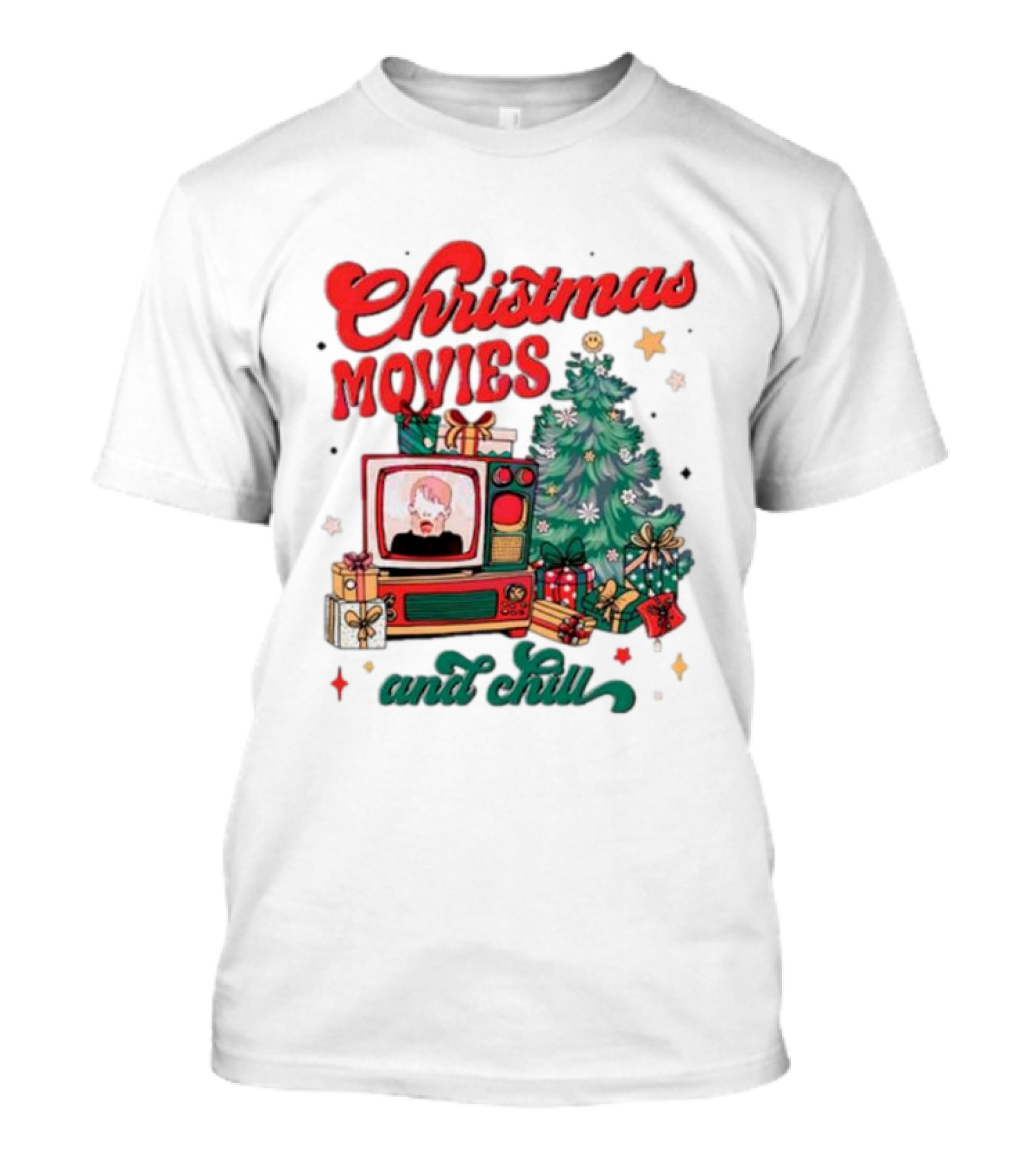 Christmas Movies And Chill Retro TV Christmas Tree Presents T-Shirt