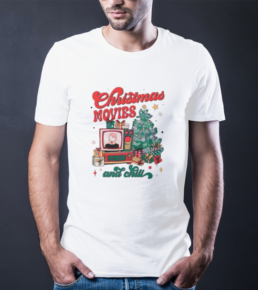 Christmas Movies And Chill Retro TV Christmas Tree Presents T-Shirt