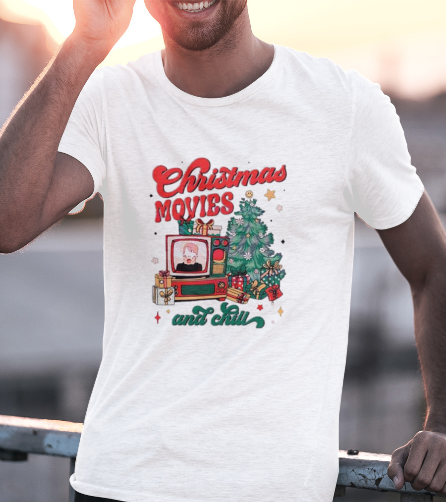 Christmas Movies And Chill Retro TV Christmas Tree Presents T-Shirt