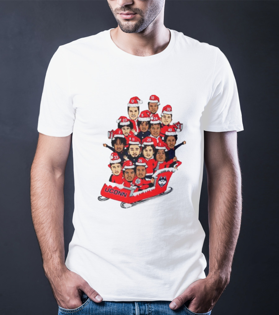 UConn Huskies Christmas Cartoon Sled Team Santa Hats T-Shirt