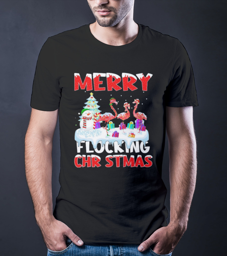 Merry Flocking Christmas Flamingo And Snowman Festive T-Shirt