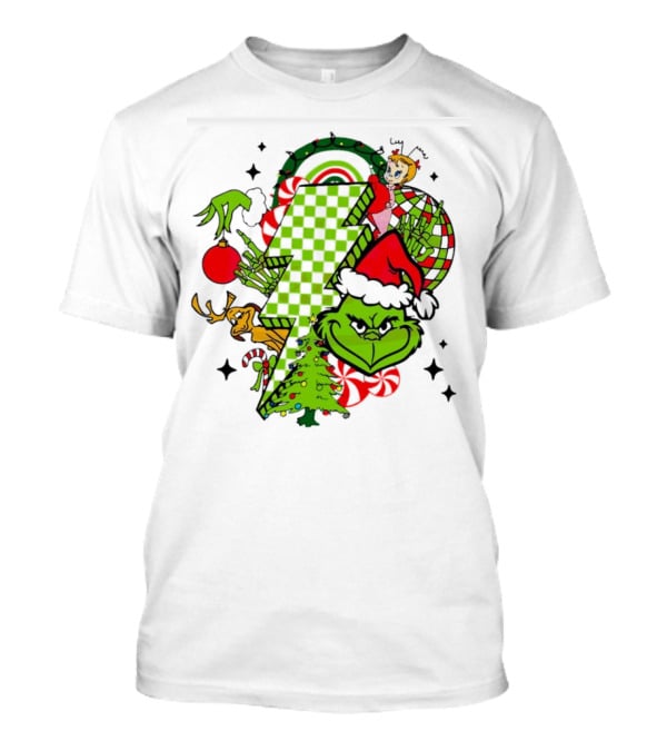 Grinch Christmas Checkered Lightning Bolt With Friends And Festive Decorations T-Shirt