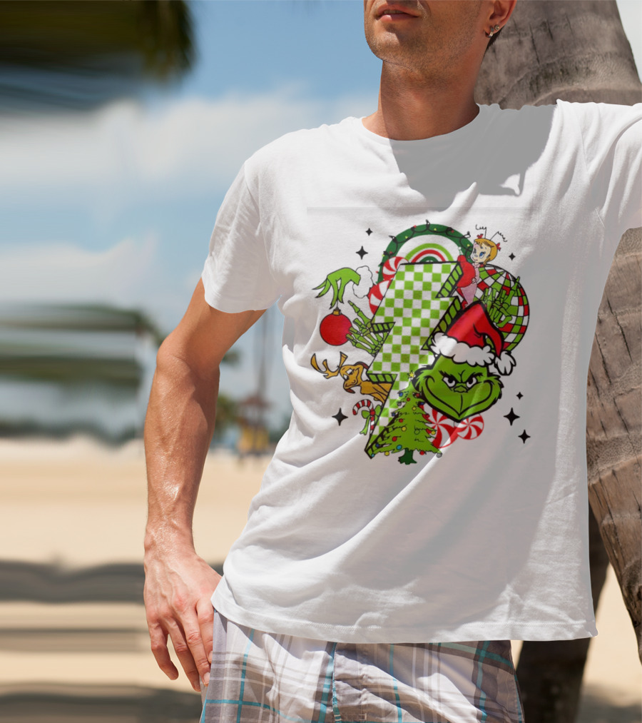 Grinch Christmas Checkered Lightning Bolt With Friends And Festive Decorations T-Shirt