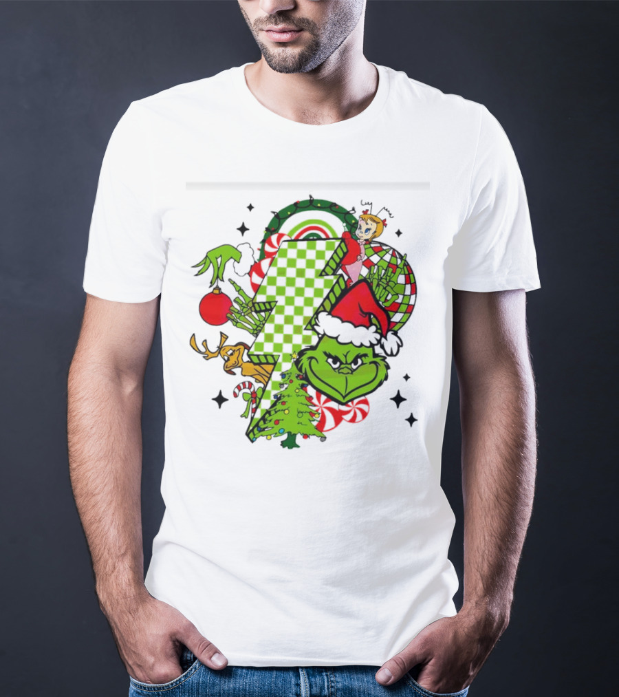 Grinch Christmas Checkered Lightning Bolt With Friends And Festive Decorations T-Shirt