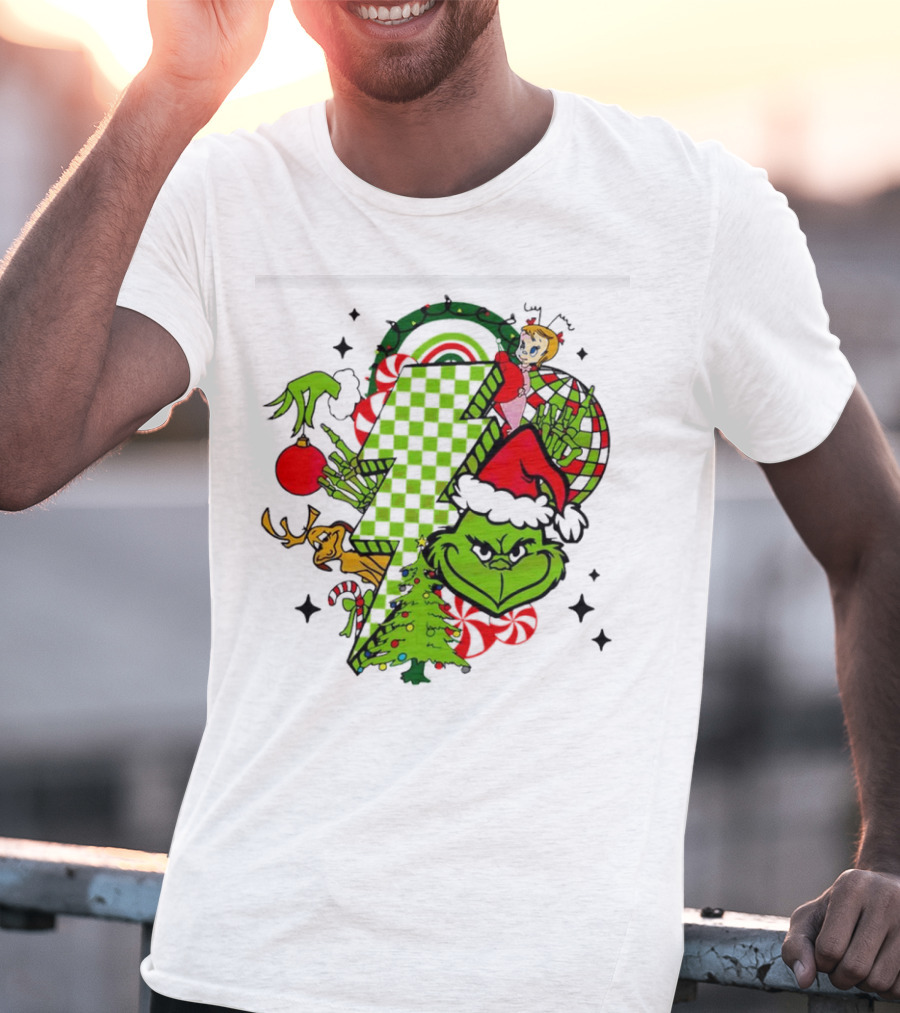 Grinch Christmas Checkered Lightning Bolt With Friends And Festive Decorations T-Shirt
