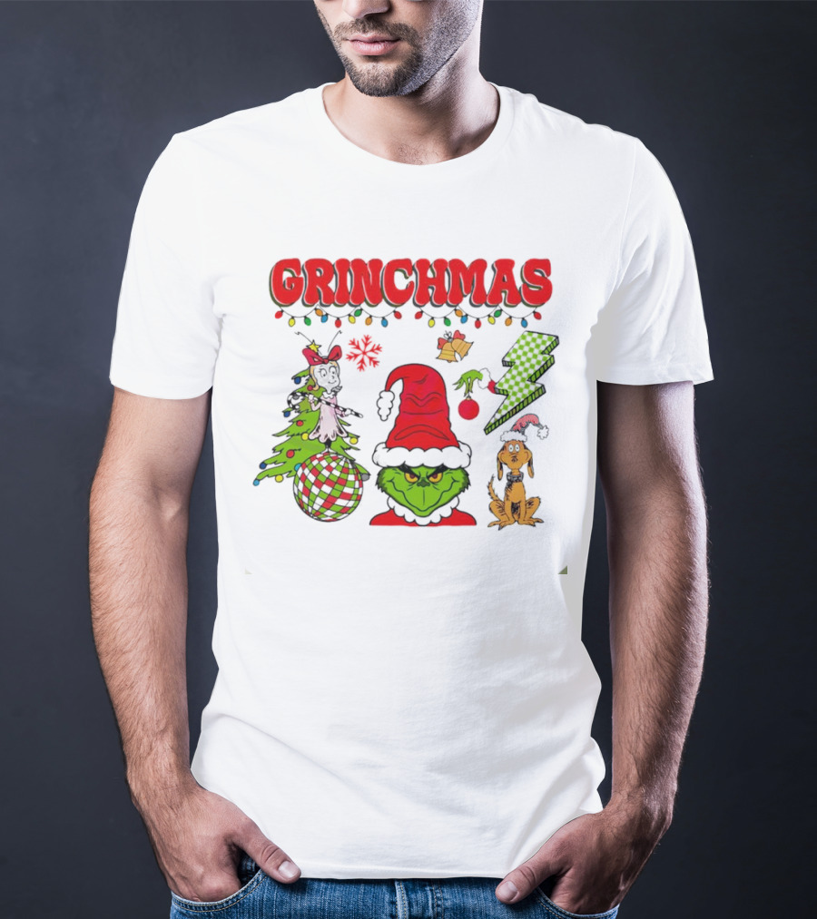 Grinch Grinchmas Red Hat Christmas Tree Max Dog Lightning Bolt Ornaments T-Shirt
