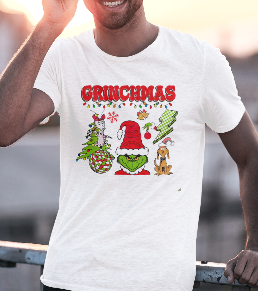 Grinch Grinchmas Red Hat Christmas Tree Max Dog Lightning Bolt Ornaments T-Shirt