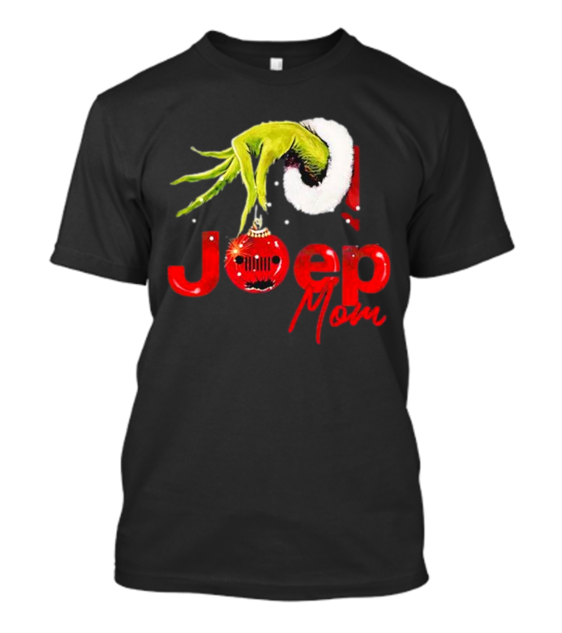 Grinch Hand With Santa Hat Holding Christmas Ornament Jeep Mom T-Shirt