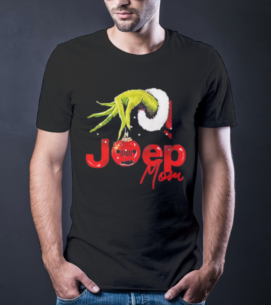 Grinch Hand With Santa Hat Holding Christmas Ornament Jeep Mom T-Shirt