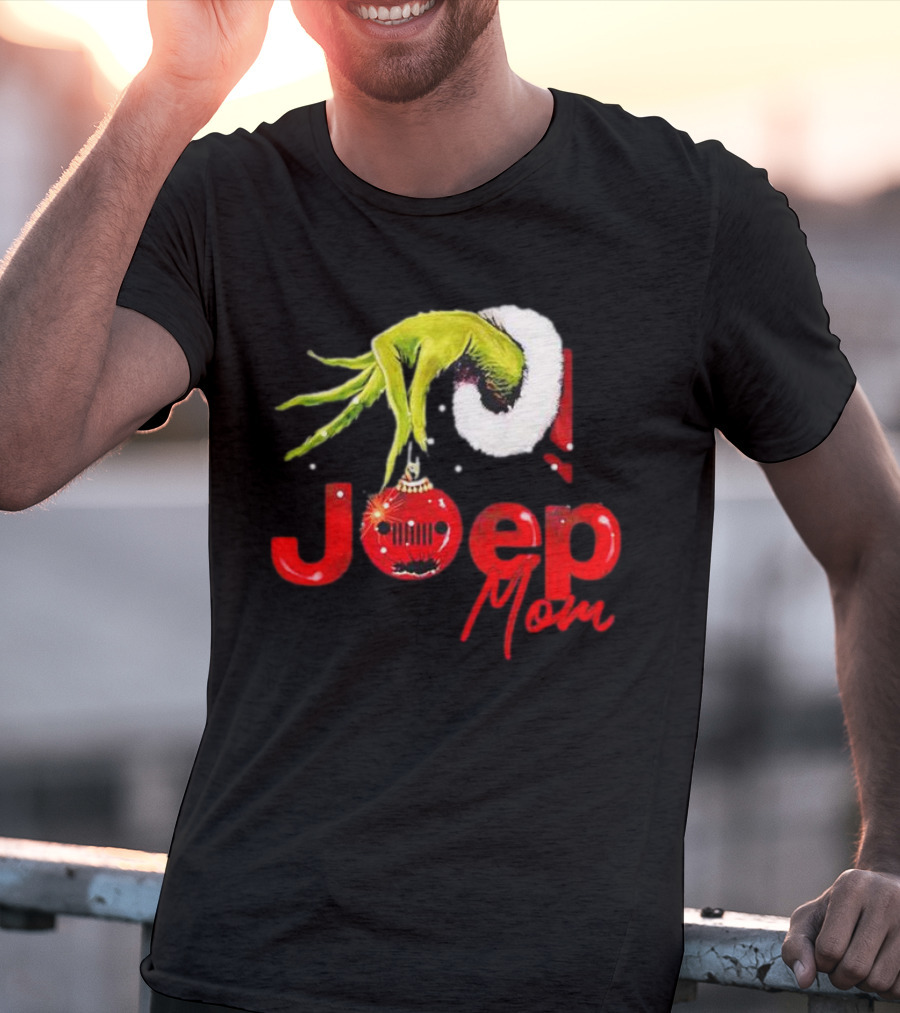 Grinch Hand With Santa Hat Holding Christmas Ornament Jeep Mom T-Shirt
