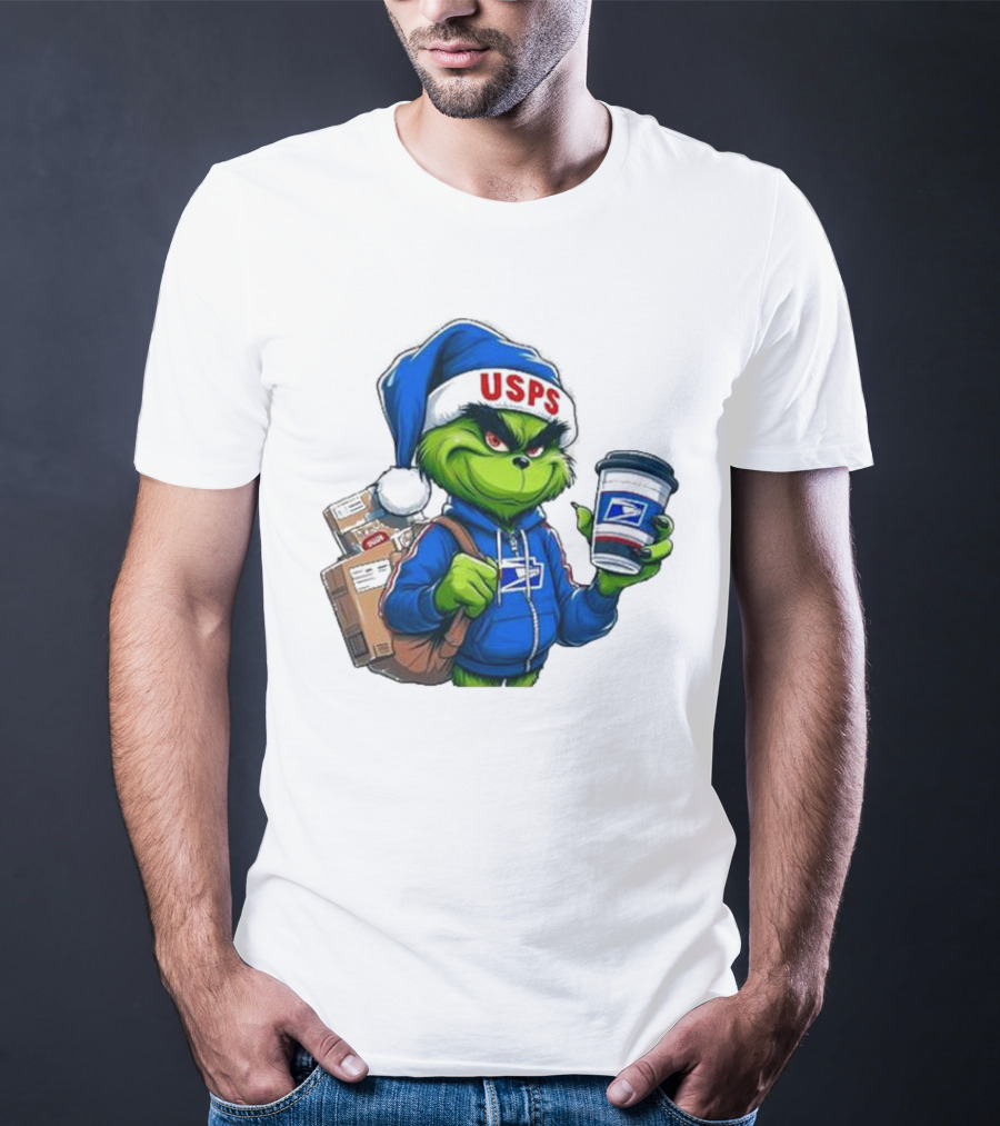 USPS Grinch Merry Christmas Delivery With Packages And Coffee T-Shirt