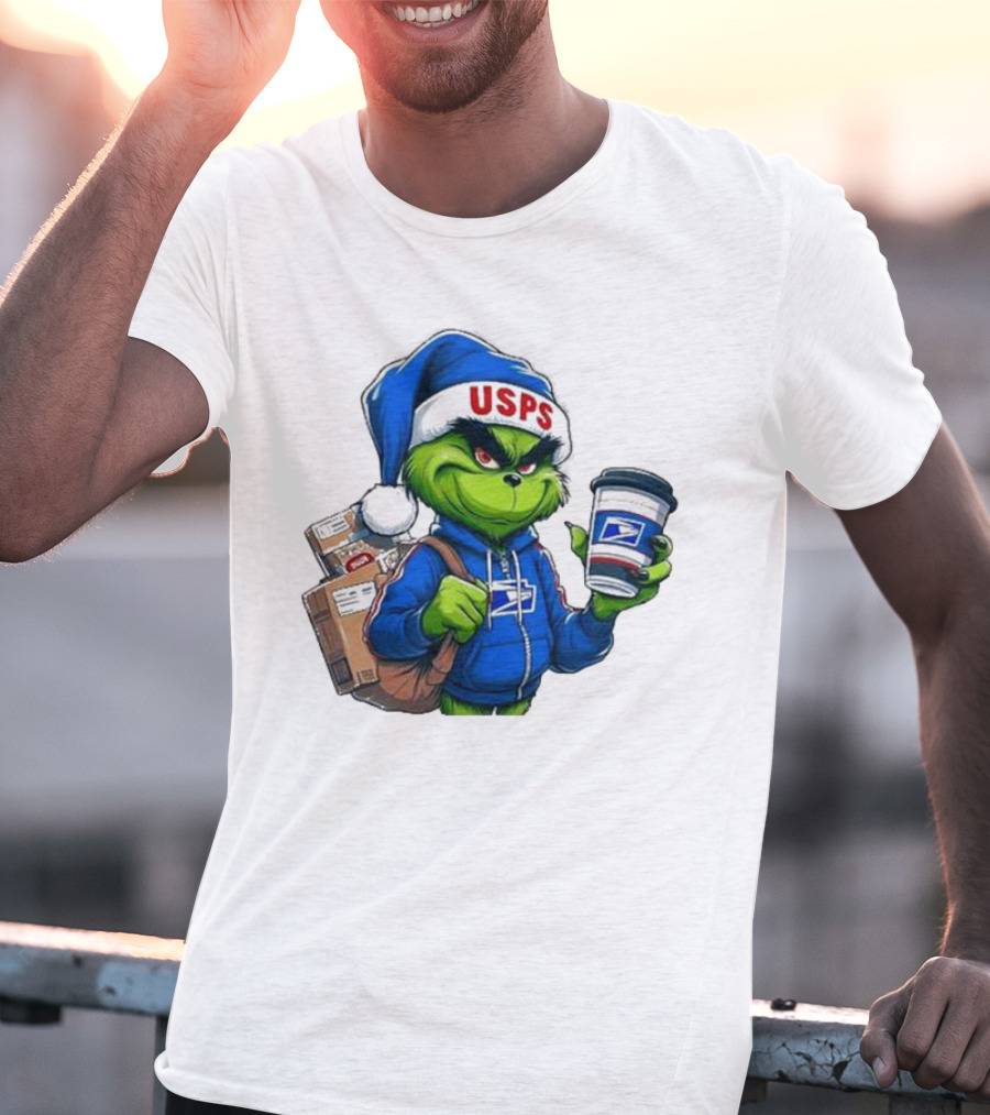 USPS Grinch Merry Christmas Delivery With Packages And Coffee T-Shirt