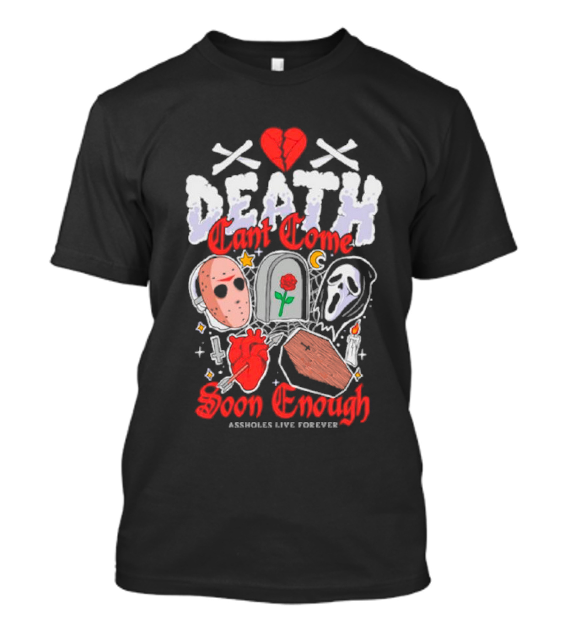 Death Can't Come Soon Enough Horror Icons Hearts And Symbols T-Shirt