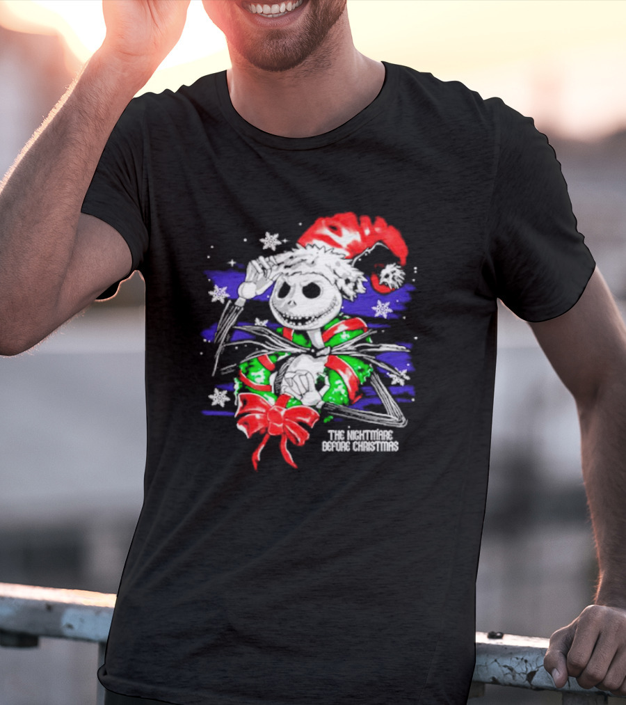 The Nightmare Before Christmas Jack Skellington In Santa Hat And Grinch Green Scarf T-Shirt