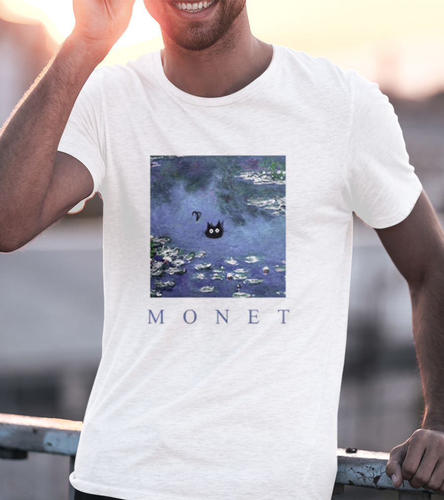 Monet Waterlily Black Cat In Pond With Monet Text T-Shirt