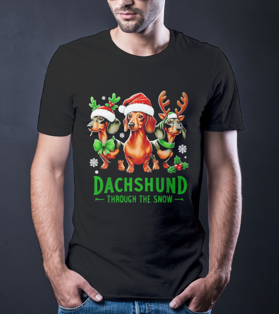 Dachshund Through The Snow Santa Hat Reindeer Antlers Christmas Bow T-Shirt