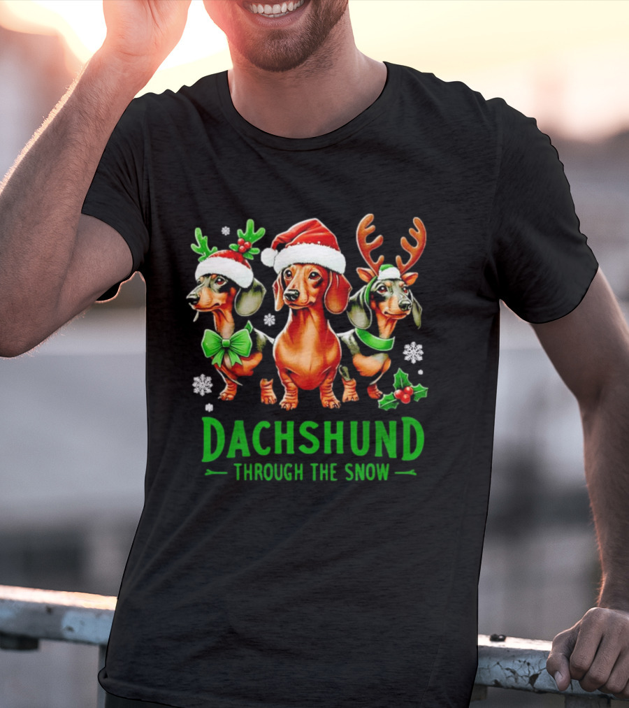 Dachshund Through The Snow Santa Hat Reindeer Antlers Christmas Bow T-Shirt