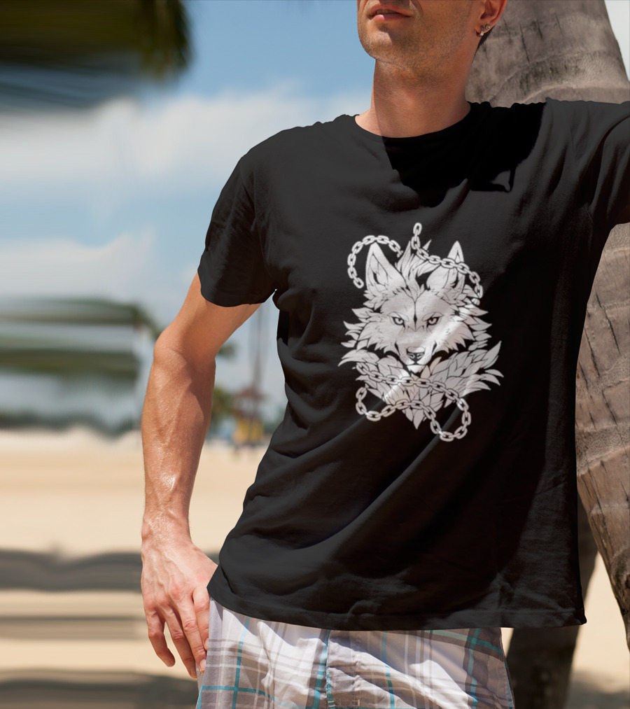 Wolf And Chains Intricate Black White T-Shirt