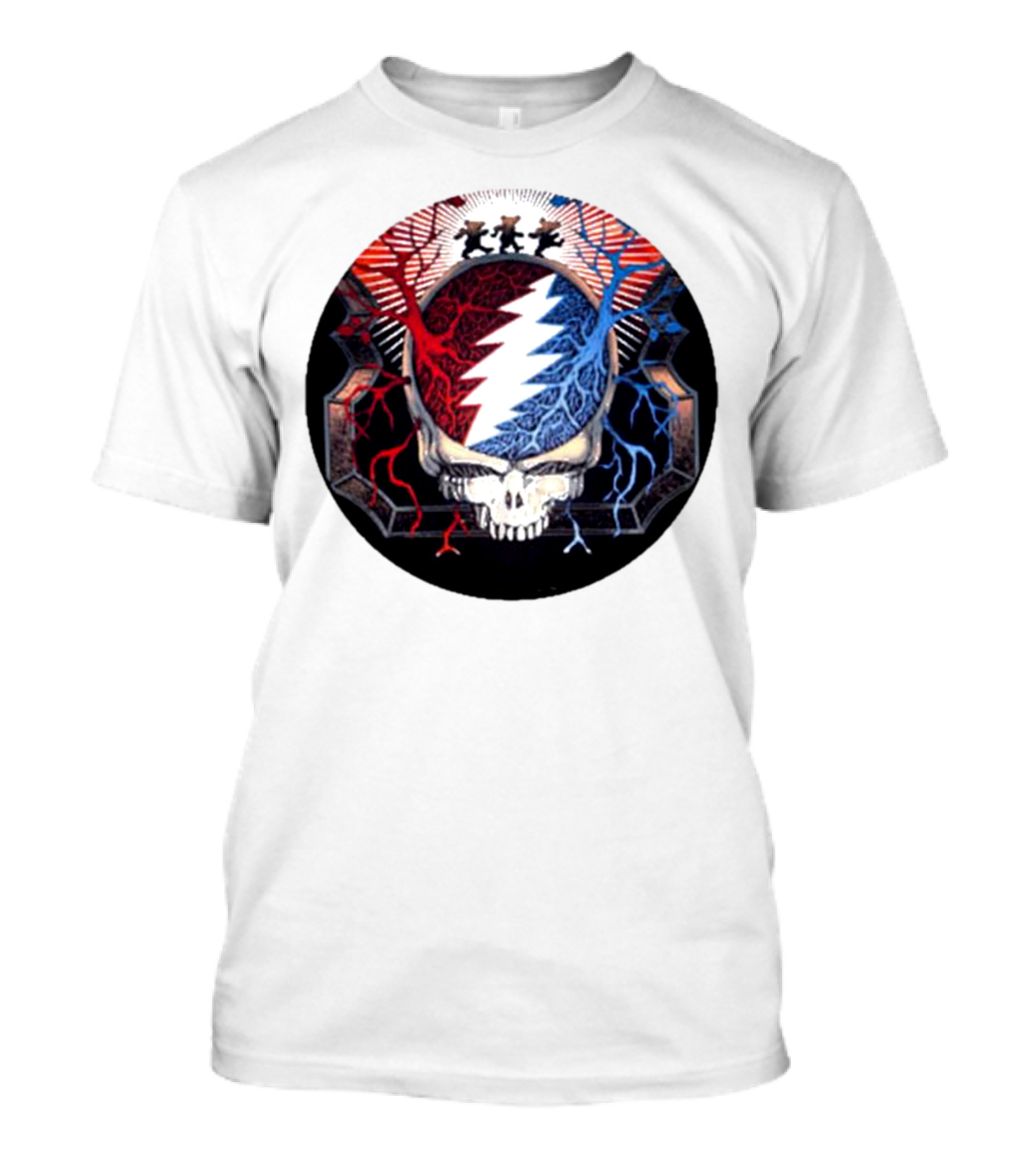 Grateful Dead Skull Bear Red Blue Lightning Bolt Circle T-Shirt