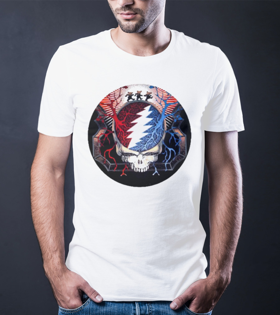 Grateful Dead Skull Bear Red Blue Lightning Bolt Circle T-Shirt