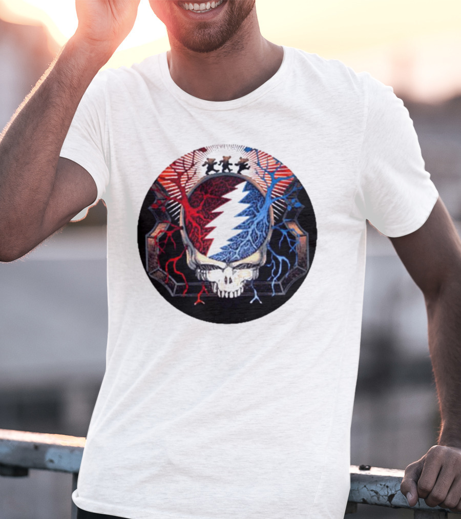Grateful Dead Skull Bear Red Blue Lightning Bolt Circle T-Shirt