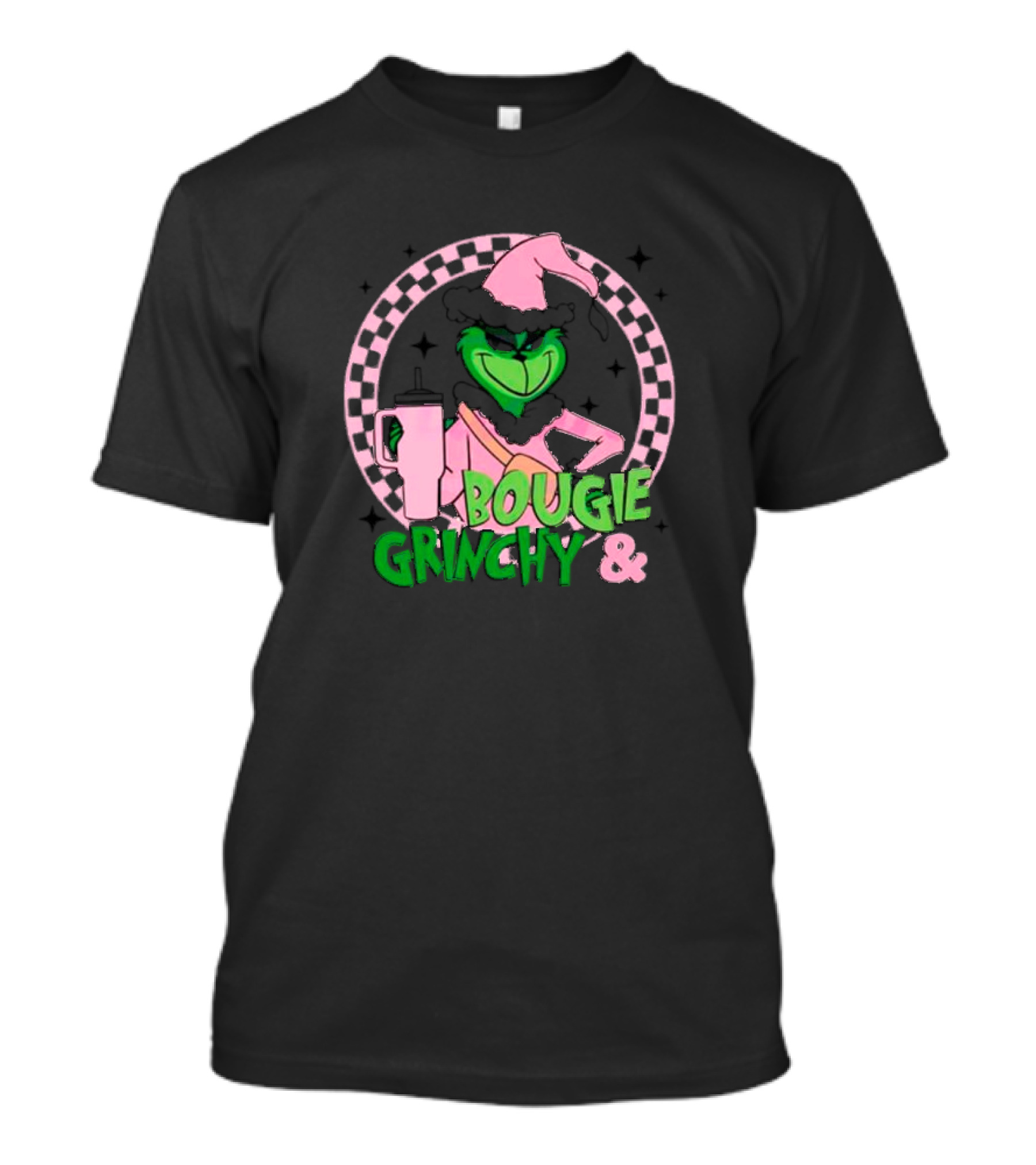 Bougie Grinchy And Pink Character With Checkerboard Circle T-Shirt