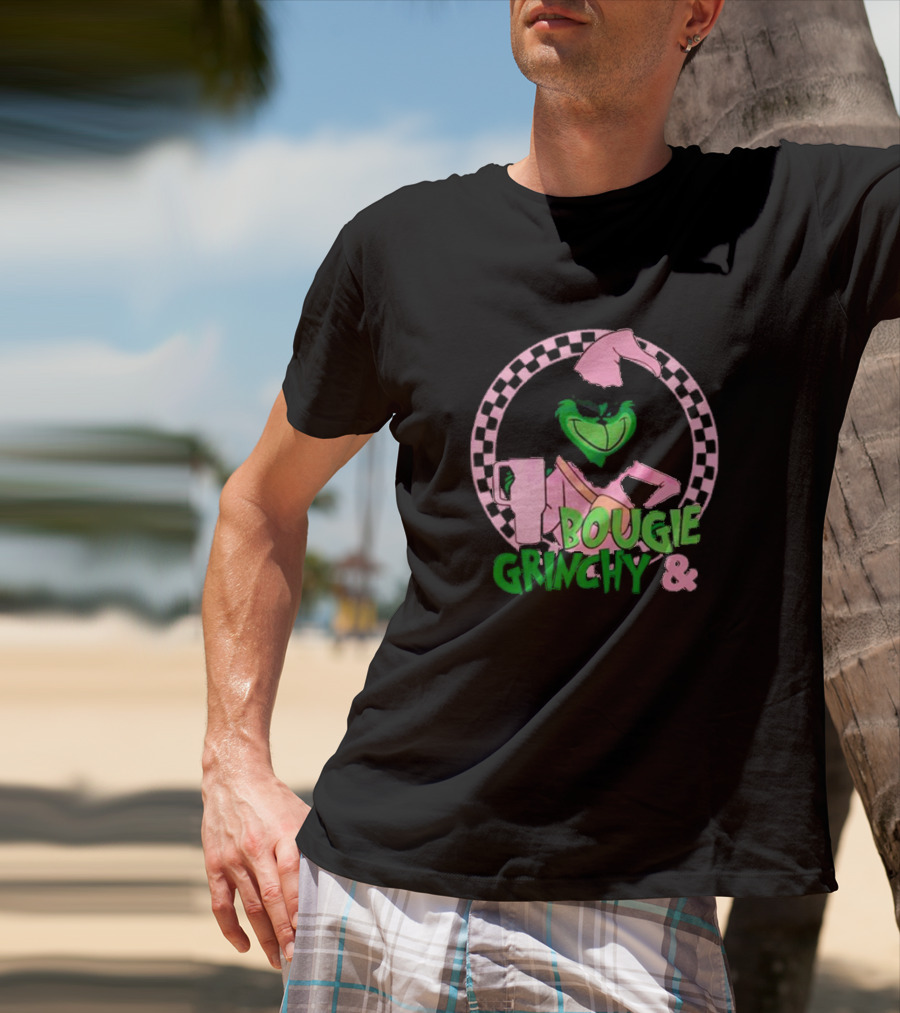 Bougie Grinchy And Pink Character With Checkerboard Circle T-Shirt