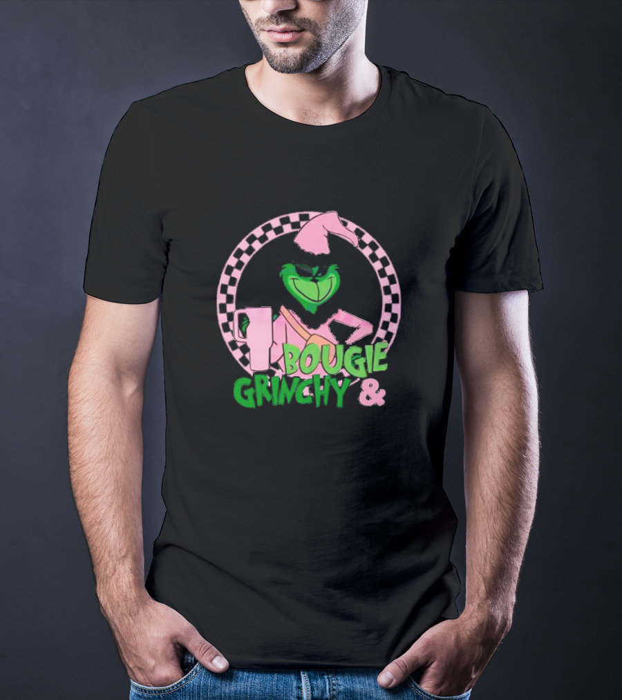 Bougie Grinchy And Pink Character With Checkerboard Circle T-Shirt