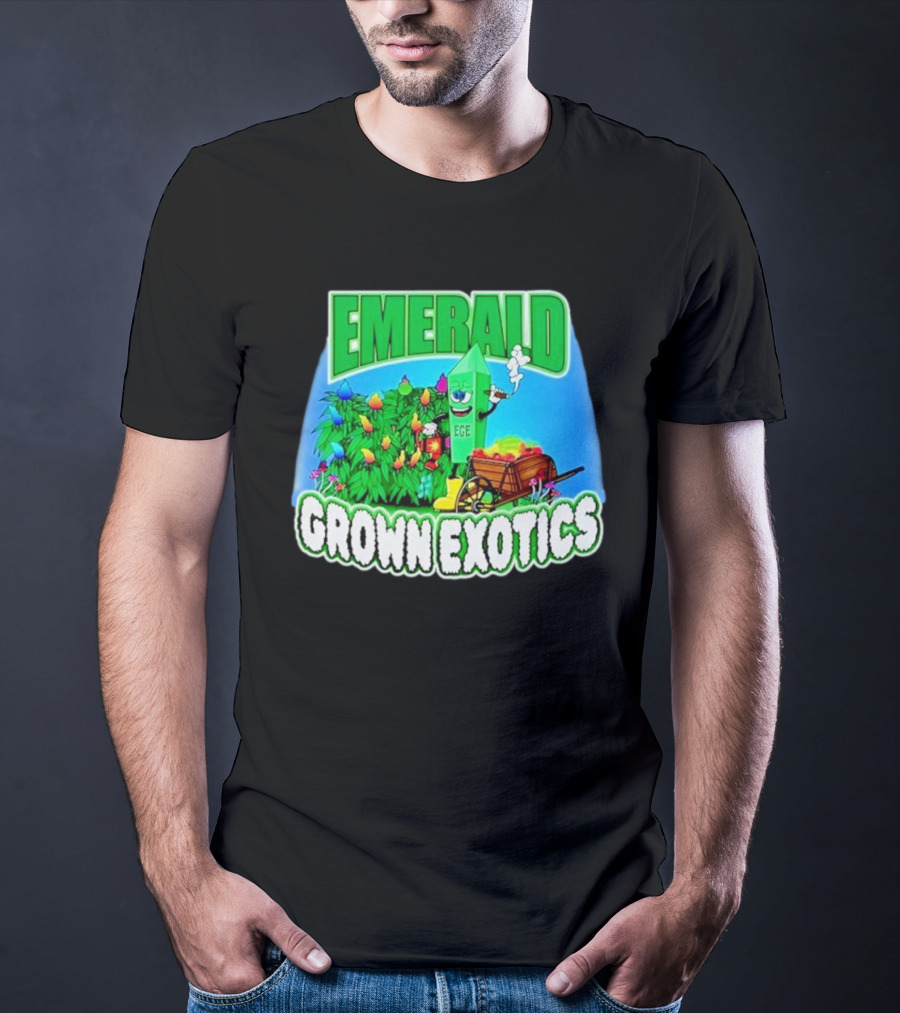 Emerald Grown Exotics Colorful Harvest With EGE Mascot And Wagon T-Shirt