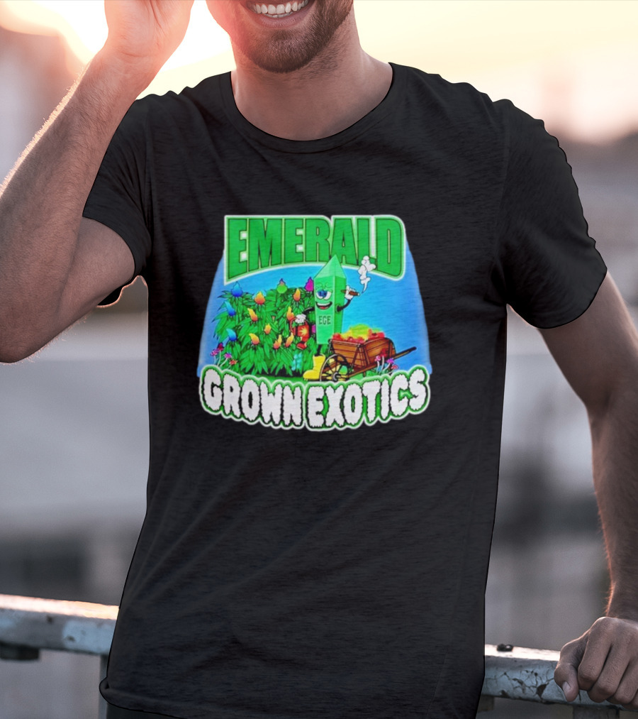 Emerald Grown Exotics Colorful Harvest With EGE Mascot And Wagon T-Shirt