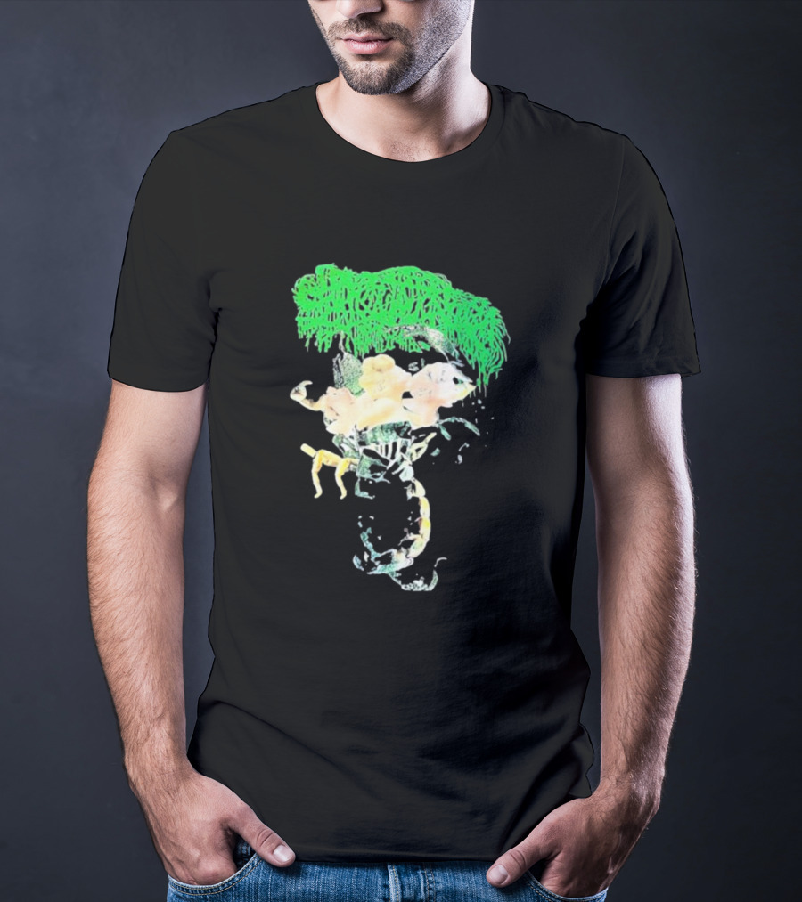 Sanguisugabogg Homicidal Ecstacy Abstract Green Dripping Text With Floral Skull And Spine T-Shirt