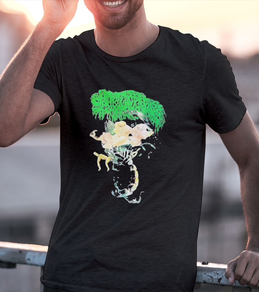 Sanguisugabogg Homicidal Ecstacy Abstract Green Dripping Text With Floral Skull And Spine T-Shirt