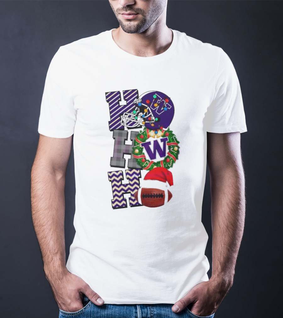 Washington Huskies Football Christmas Helmet Wreath Football Santa Hat Ho Ho Ho T-Shirt